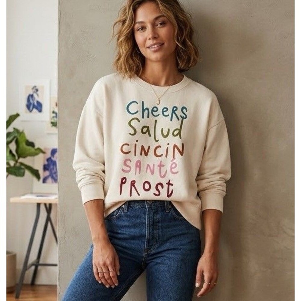 Anthropologie Maeve Jordan Nickson Cheer Multilingual Graphic Sweatshirt Cream S